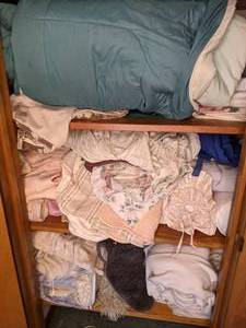 lot 112 image: Contents of Shelves Blankets, Linens, Bath Mat