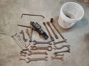 Pail of Older Wrenches and Lug Wrences