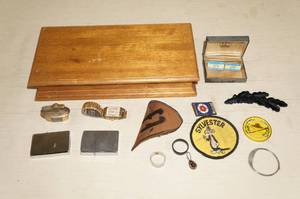 lot 189 image: Wood Box with Collectibles - Zippo Lighter, Elgin Watch