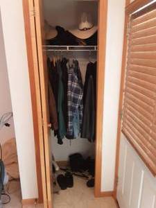 lot 17 image: Contents Of Closet Mens Outerwear LXL, Hats, Gloves, Leather Jacket