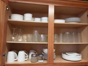 lot 49 image: Contents Of Cabinet-Correlle & Other White Dishes, Glasses