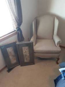 lot 66 image: Wing Back Chair & 2-Framed Botanicals