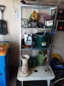 lot 158 image: Shelf & Contents Gardening Tools & Supplies
