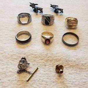 lot 228 image: 6-Rings, 2-Tie Tacks With Stones, 2-Moose Pins