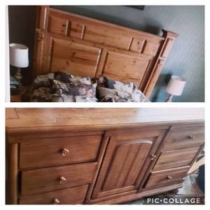 lot 103 image: Full Size Bed Knotty Pine 63x61, Dresser 66x19x34, Headboard, Footboard, Rails (Bedding Included)