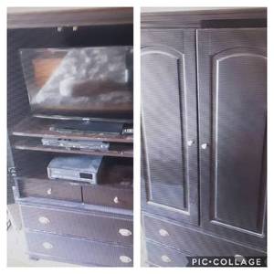 lot 110 image: 2-Door,4-Drawer Media Cabinet With Contents Panasonic DVD Player, Samsung Flat Screen TV (40x22x70)