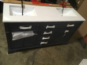 Home Decorators Melpark 60 in. W x 22 in. D Bath Vanity in Grayish Blue with Cultured Marble Vanity Top in White with white Basins damaged on side see pictures