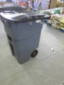 50 gallon trash can missing a wheel...