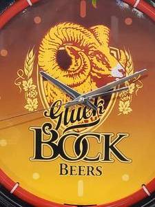 lot 13 image: Lighted Red Electrostatic Rimmed Gluek Bock Beers Wall Clock