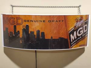 lot 64 image: Tin Metal Lighted Half Moon Shaped  Miller Genuine Draft Mancave Wall Decor