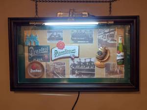 lot 69 image: Wood Framed Lighted Pilsner Urquell Beer Mancave Wall Decor