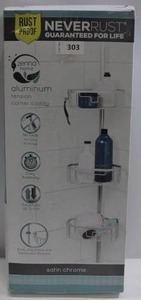 lot 303 image: Zenna Home NeverRust Aluminum Tension Corner Shower Caddy in Satin Chrome