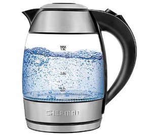 lot 223 image: Chefman Electric Glass LED Indicator Lights, 360 deg Swivel Base, BPA Free, Stainless Steel, 1.8 Liters, Kettle