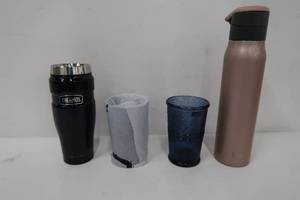 lot 265 image: Cup Combo- Godinger Claro highball Glasses in Blue - Set of 2  Assorted Thermoses