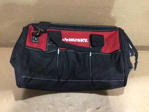 15 in. Wide Mouth Water Resistant Metal Hardware Dual-Zipper Tool Storage Bag with Adjustable Strap and 8 pockets by Husky Customer Returns See Pictures