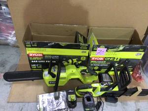 Lot of 2 Ryobi Chainsaws- 14 in. 40-Volt Brushless Lithium-Ion Cordless Chainsaw, 2.5 Ah Battery and Charger Included and 10 Ryobi 18V cordless - battery and charger included Customer Returns See Pictures
