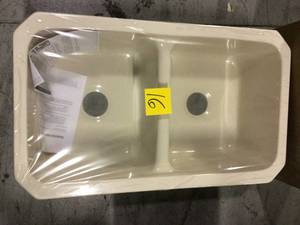 lot 16 image: Newport Undermount Acrylic 33 in. 0-Hole Double Bowl Kitchen Sink in Bone Customer Returns See Pictures