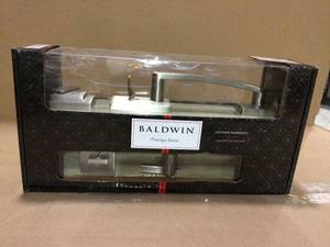 lot 26 image: Prestige Spyglass Single Cylinder Satin Nickel Door Handleset with Square Spyglass Door Lever Feat SmartKey Security by Baldwin Customer Returns See Pictures