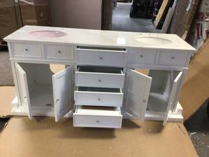 lot 107 image: Home Decorstors Hampton Harbor 72 in. W x 22 in. D Double Bath Vanity in White with Natural Marble Vanity Top in White in like new condition  see pictures