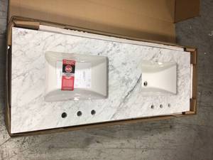 lot 102 image: Home Decorators 61 in. W x 22 in. D Marble Double Trough Sink Vanity Top in Carrara not used