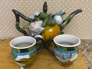 Artist Designed Pottery by Farraday Newsome Teapot and Two Mugs