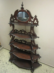 lot 505 image: VINTAGE SOLID WOOD DISPLAY SHELF, WITH DETAILED TRIM, MIRROR