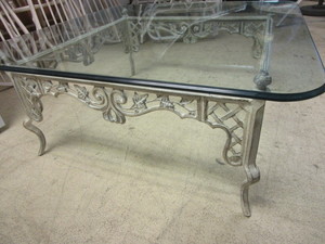 lot 515 image: PATIO COFFEE TABLE, W DECORATIVE METAL BASE, GLASS TOP