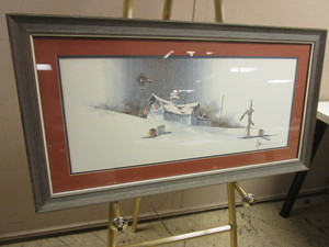 lot 532 image: BARN IN SNOWFALL ARTWORK PRINT, IN RUSTIC BARN WOOD FRAME