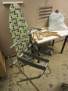 lot 550 image: IRONING BOARD, LANDS END WOOD CLOTHES HANGERS, PLASTIC HANGERS, OTHER GARMENT HOLDERS
