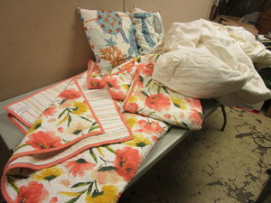 lot 593 image: MARTHA STEWART COLLECTION QUILT, DECORATIVE SEA TURTLE, WHALE PILLOWS, TARGET MATRESS PADS