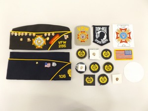 Lot of 50 Years VFW Life Member WWII War Vet Hats, Pins, Patches, etc.