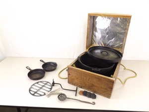 Vintage Cast Iron Camping Set in Custom Built Wood Box