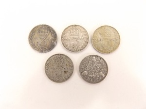 5 Antique British Silver Three Pence Coins