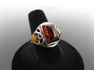 .925 Sterling Silver Amber Cabochon Ring Size 8