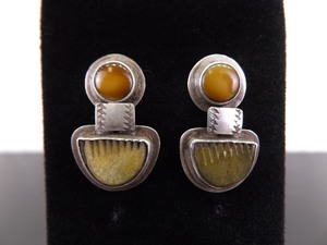 .925 Sterling Silver Inlayed Carved Stone Tribal Post Dangle Earrings