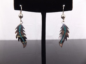 .925 Sterling Silver Inlayed Green Turquoise Navajo Feather Hook Dangle Earrings