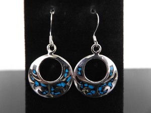 .925 Sterling Silver Inlayed Blue Turquoise Tribal Hoop Hook Dangle Earrings