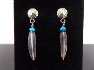 .925 Sterling Silver Blue Turquoise Navajo Feather Post Dangle Earrings