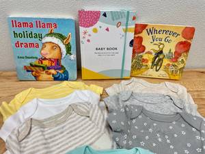 lot 38 image: Lot of 7 Infant Bodysuits Board 3 Books & Baby Book