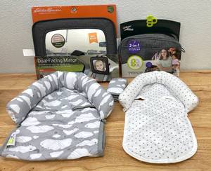 lot 39 image: Lot of Baby Travel Items Carseat Mirror, Changing Pad and Headrests