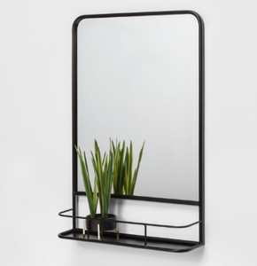 lot 41 image: 20 x 30 Threshold Black Metal Wall Mirror with Shelf