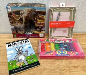 lot 56 image: Lot of Rainy Day Activities-Puzzle, Mad Libs, Stationary Kit and Molding Clay