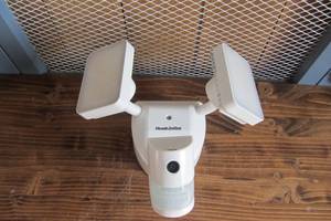 lot 58 image: Video Wi-Fi Connected White Wired Twin Head LED Motion Activated Outdoor Security Flood Light 2000 Lumens
