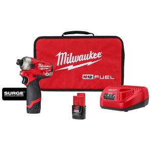lot 26 image: Milwaukee M12 FUEL SURGE 12-Volt Lithium-Ion Brushless Cordless 14 in. Hex Impact Driver Compact Kit wTwo 2.0Ah Batteries, Bag, 2551-22 - Works.