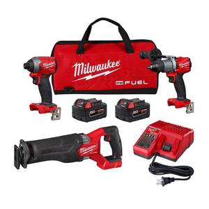 lot 34 image: Milwaukee M18 FUEL 18-Volt Lithium-Ion Brushless Cordless Combo Kit with Two 5 Ah Batteries, Charger and Tool Bag (3-Tool), 2998-23 - Works - Missing Drill Handle.