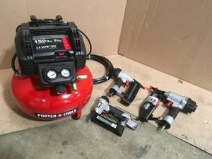 Porter Cable 6 Gal. 150 PSI Portable Electric Air Compressor with 16-Gauge, 18-Gauge and 23-Gauge Nailer Combo Kit (3-Tool) in good condition see pictures