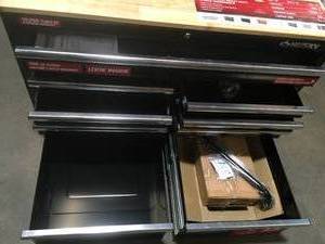 Husky 46 in. W 9-Drawer, Deep Tool Chest Mobile Workbench in Gloss Black with Hardwood Top see pictures