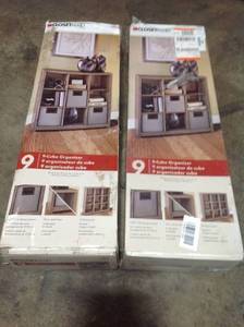 Pallet with lot of 2 New Closetmaid 39 in x 37 in x 12 in Red Wood Look 9 Cube Storage Organizers see pictures