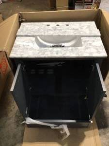 Merryfield 31 in. W x 22 in. D Bath Vanity in Dark Blue-Gray with Marble Vanity Top in Carrara White with White Basin missing door knob open box customer return see pictures