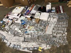 Large lot of assorted door knobs, Kitchen and Bath accesories and handles various styles many  not used high Value see pictures